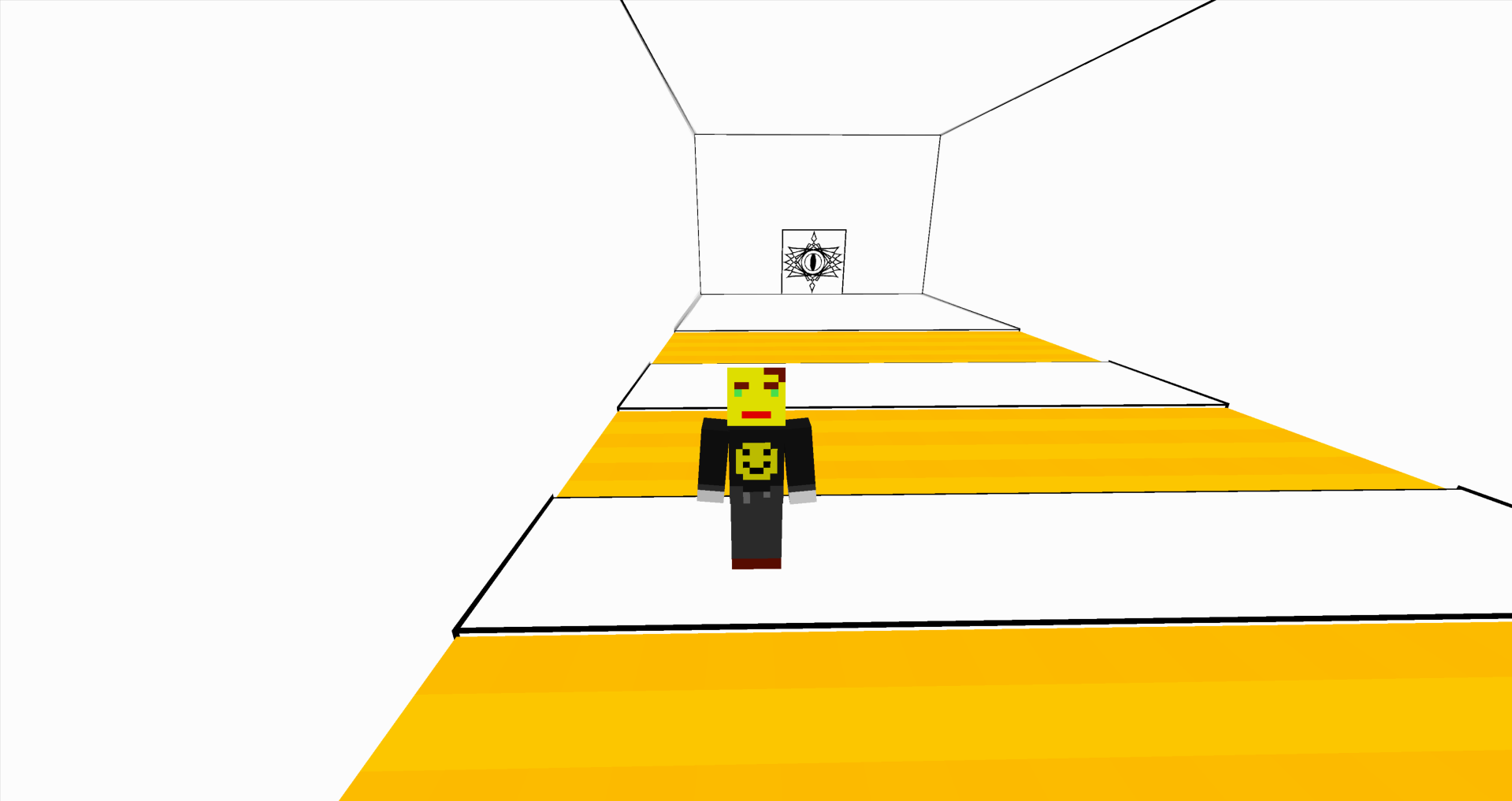 Minecraft person standing in a white room with a fluid that looks similar to lava.