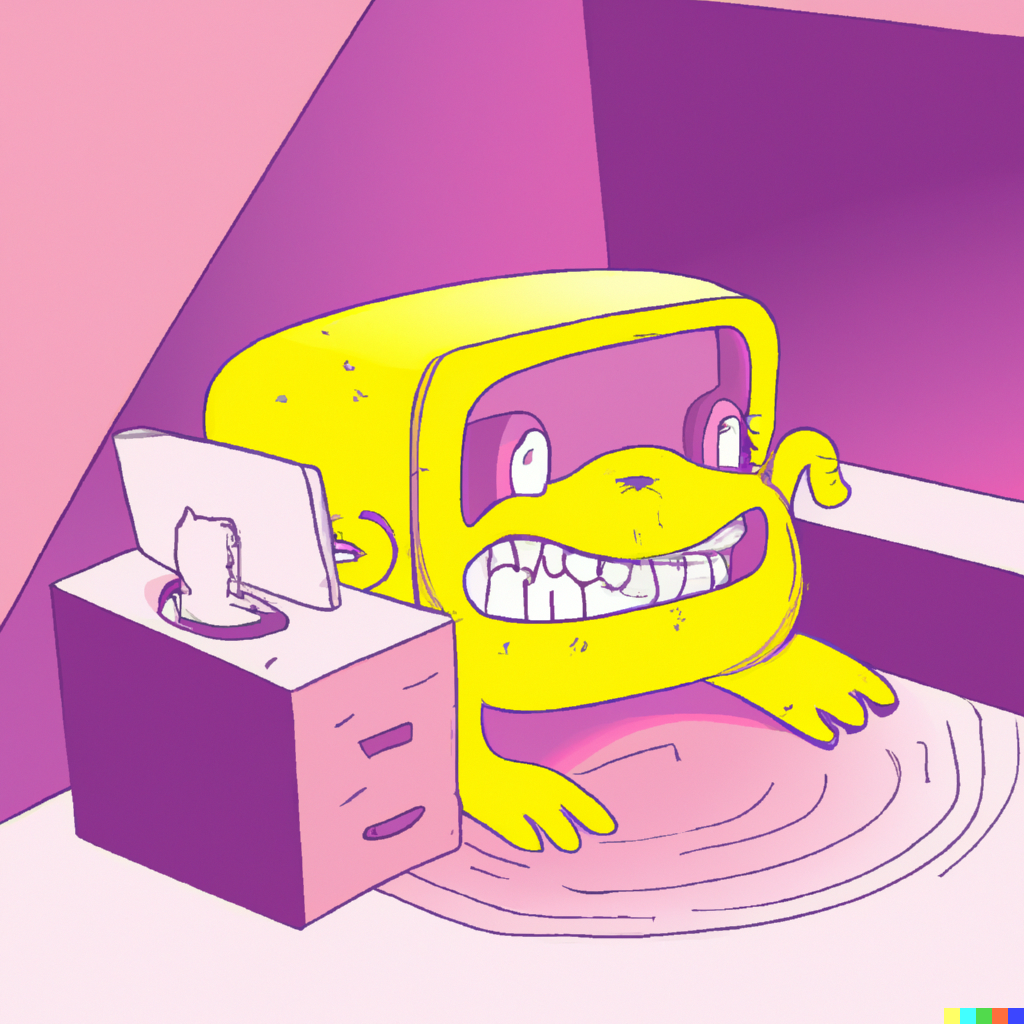 A yellow computer monster in a purple and pink room