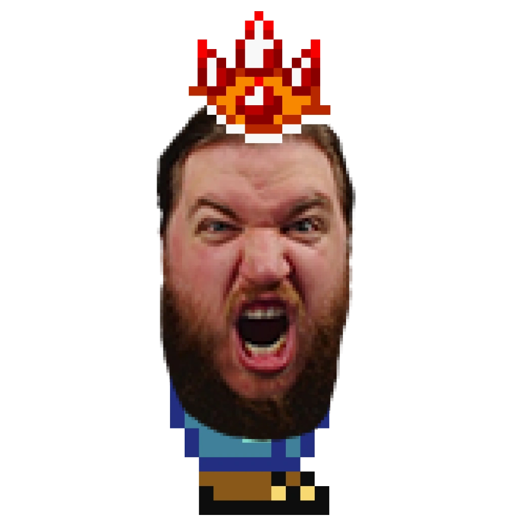 Kruhtz looking very angry, wearing a spike helmet from Super Mario Maker and having Mario feet